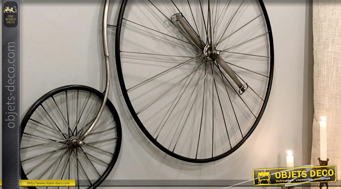 Grand vélo mural en métal, inspiration vélo Peugeot Grand-Bi, finition noir argent, 100cm