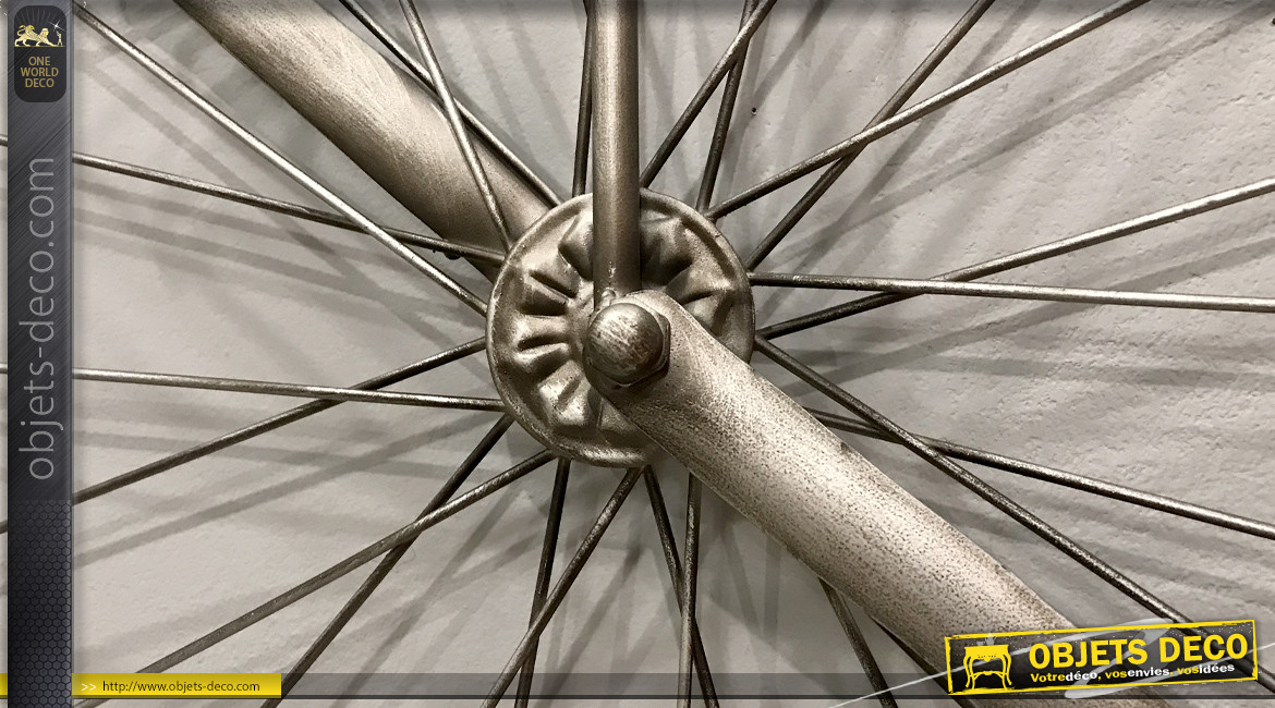 Grand vélo mural en métal, inspiration vélo Peugeot Grand-Bi, finition noir argent, 100cm