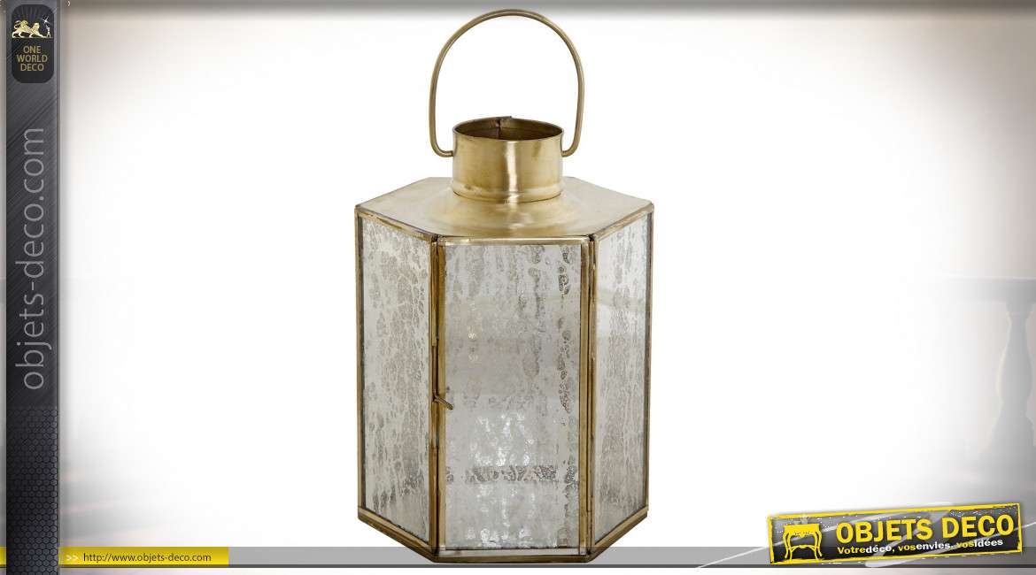 Lanterne hexagonale rétro à poser en métal finition laiton doré 20 cm