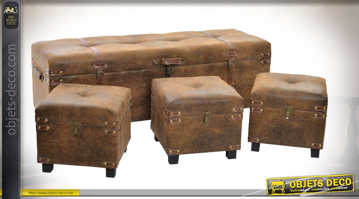 Série de coffres-banquettes de rangement imitation vieux cuir, 123cm