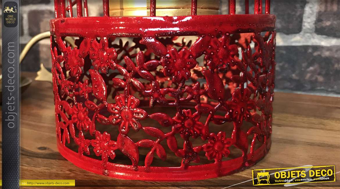 Photophore en métal en forme de cage à oiseau, finition rouge passion et roses dorées, 37cm