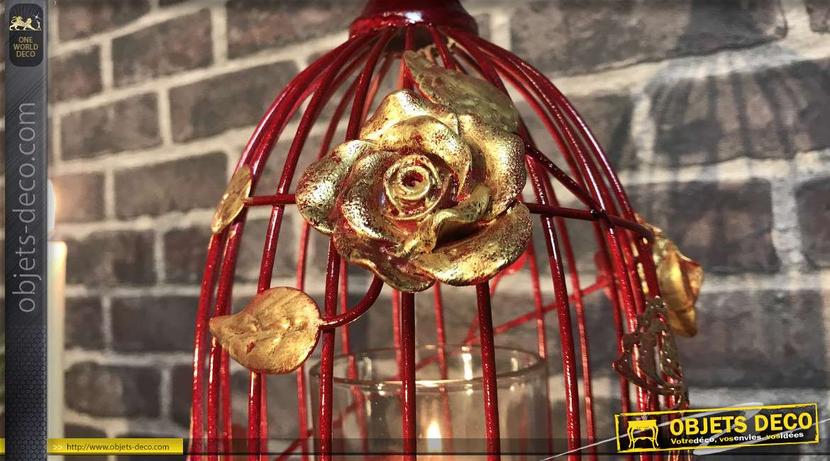 Photophore en métal en forme de cage à oiseau, finition rouge passion et roses dorées, 37cm