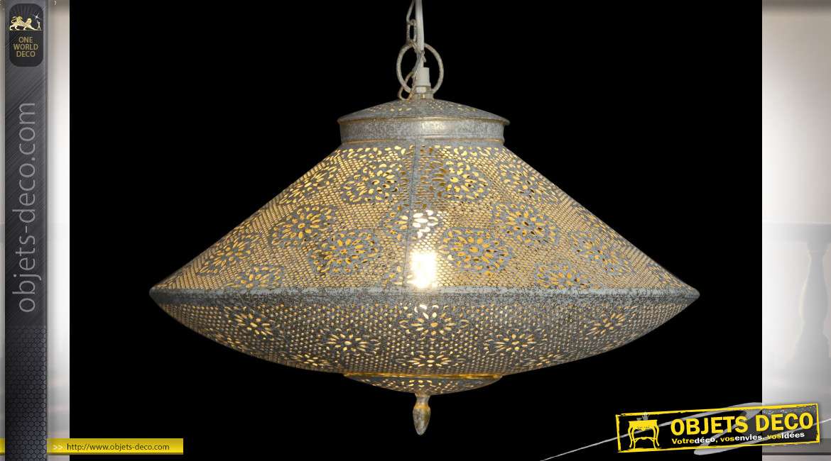 Suspension luminaire esprit moucharabieh finition dorée blanchie style oriental, 47cm