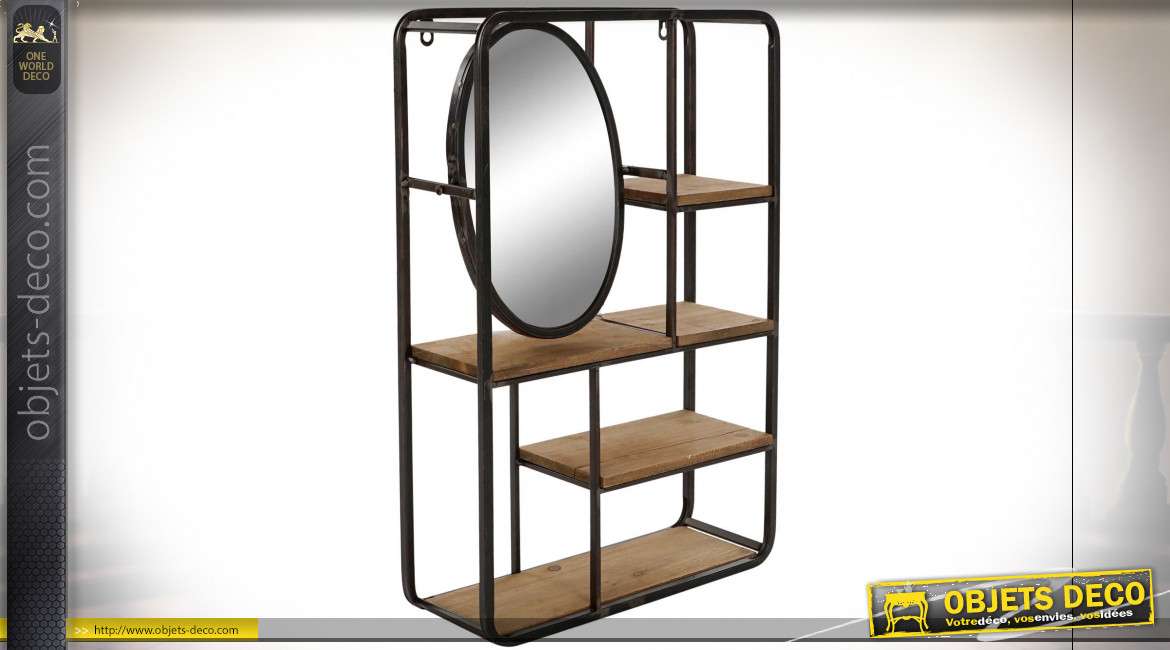 Etagère de style industriel avec miroir pivotable finition noire et brun noisette, 60cm