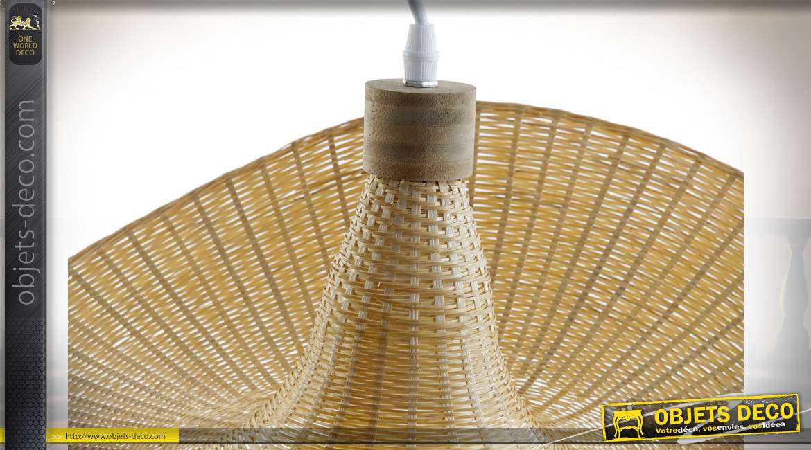Suspension luminaire en bambou tressé finition naturelle style exotique, 58cm