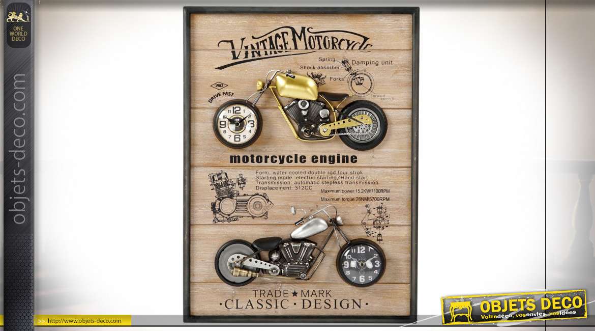 Décoration murale à deux horloges motos dorées et argentées esprit rétro, 80cm