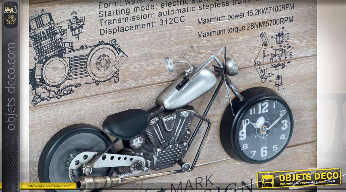 Décoration murale à deux horloges motos dorées et argentées esprit rétro, 80cm