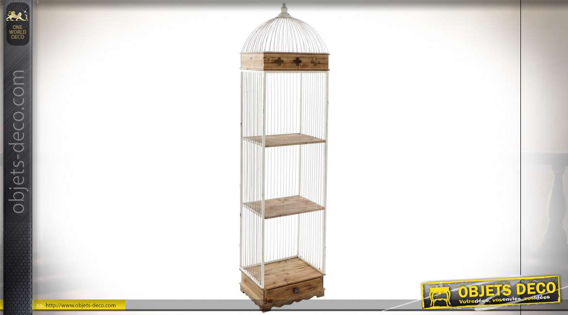 Étagère colonne en forme de cage à oiseaux finition blanche et chêne clair de style campagne chic, 176cm