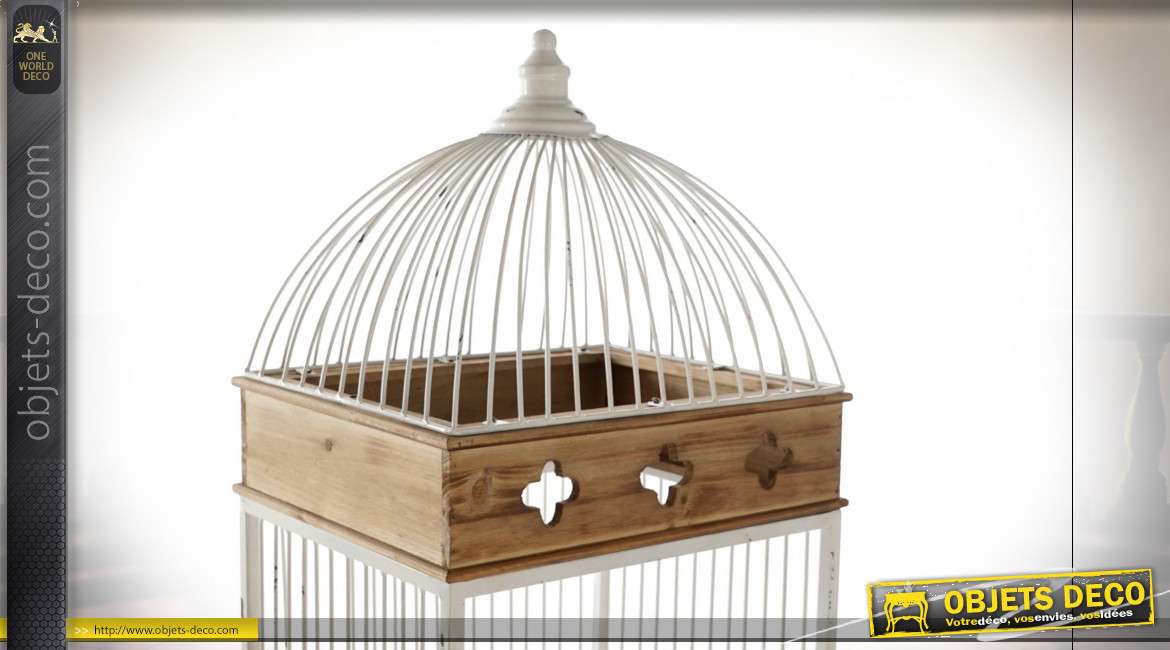 Étagère colonne en forme de cage à oiseaux finition blanche et chêne clair de style campagne chic, 176cm