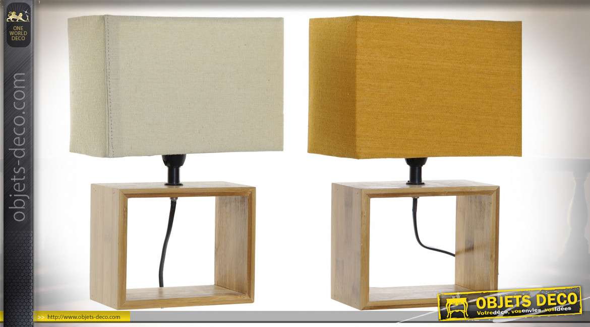 Série de deux lampes de chevet style moderne, abat-jour beige et jaune moutarde, pied cubique en bois, 28cm