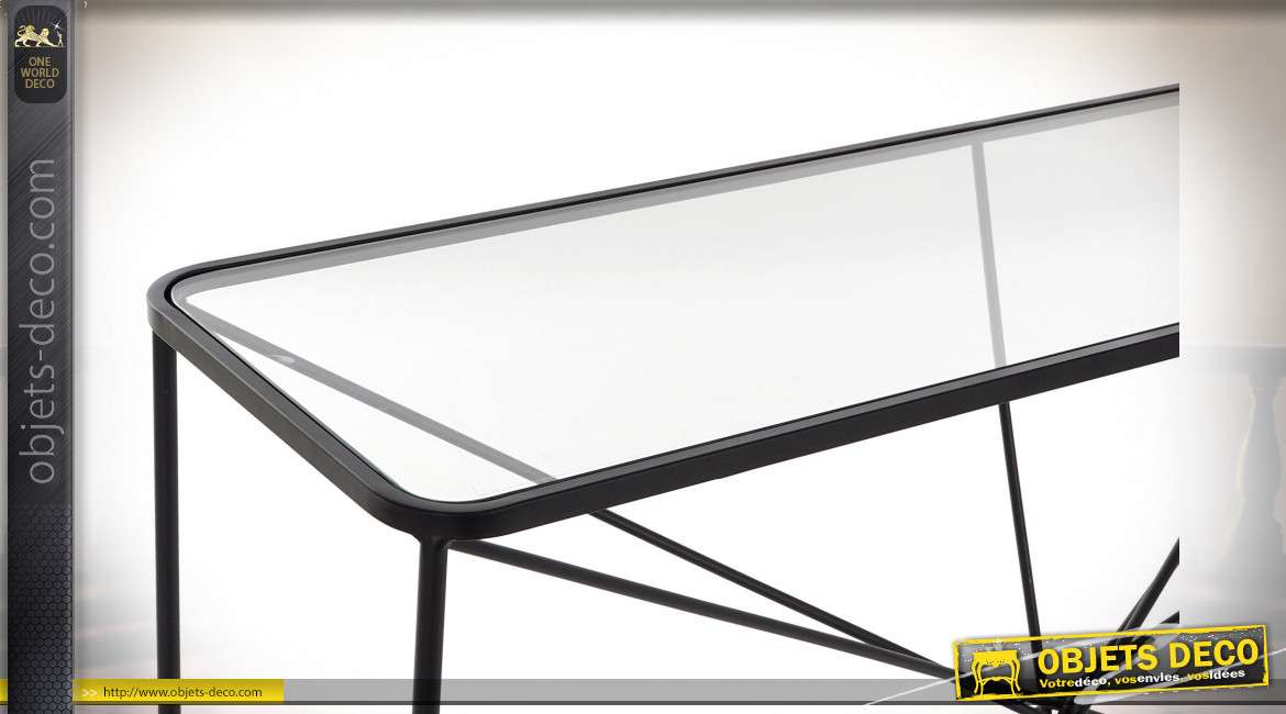 Console de style moderne en verre et pied en tiges de métal entrecroisées finition noire, 120cm