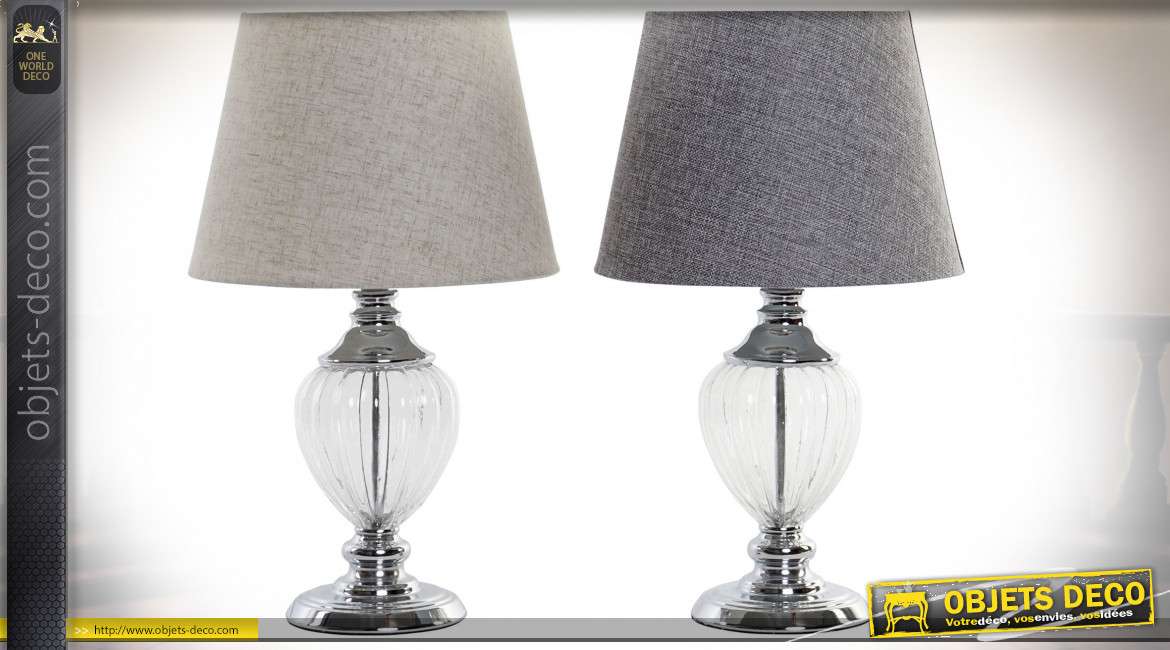 Série de deux lampes de chevet grises style moderne, pieds en verre transparent, 46.5cm
