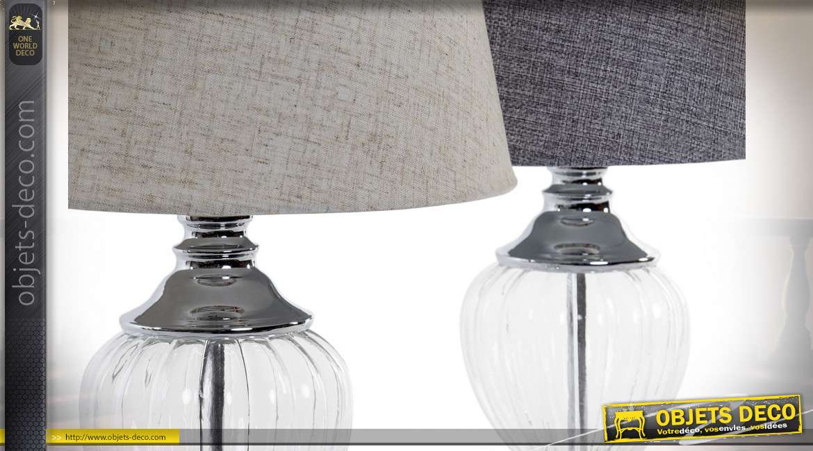 Série de deux lampes de chevet grises style moderne, pieds en verre transparent, 46.5cm