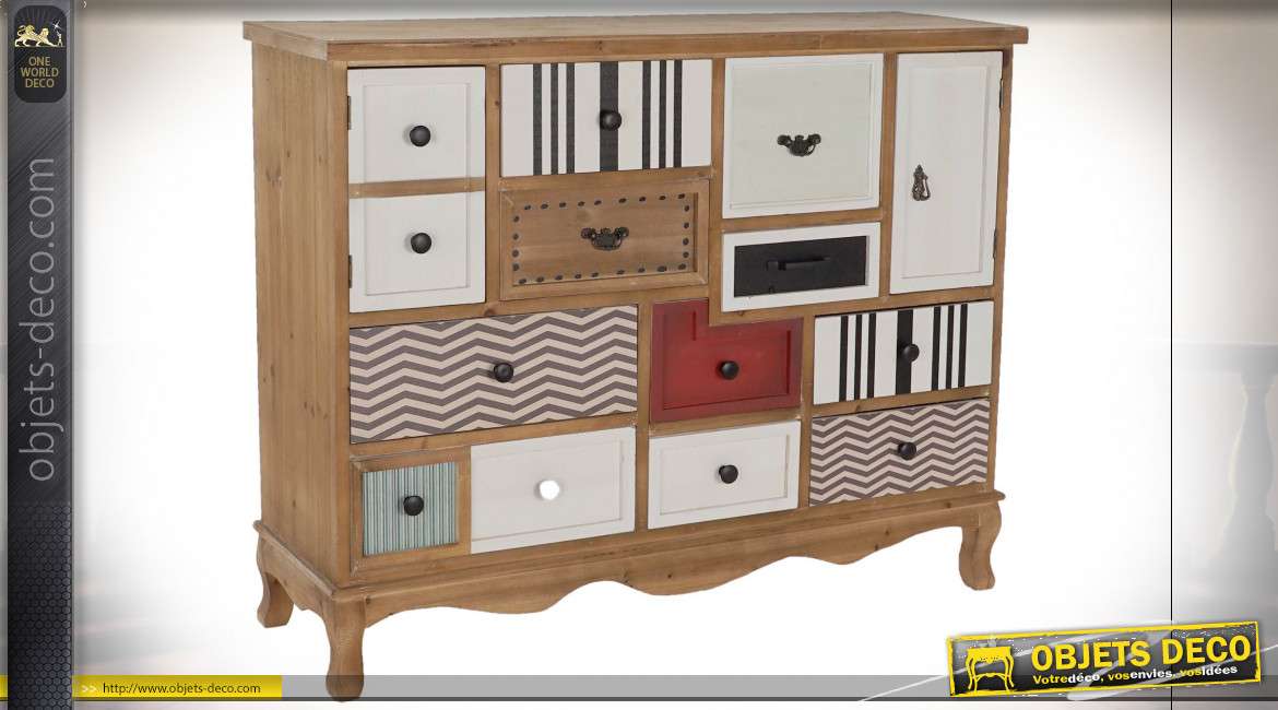 Commode à onze tiroirs en bois multicolore de style éclectique, 115cm