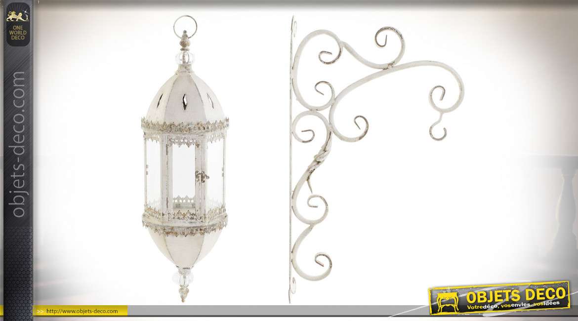 Applique murale lanterne de style romantique, patine blanche et dorée effet vieillie, 88cm