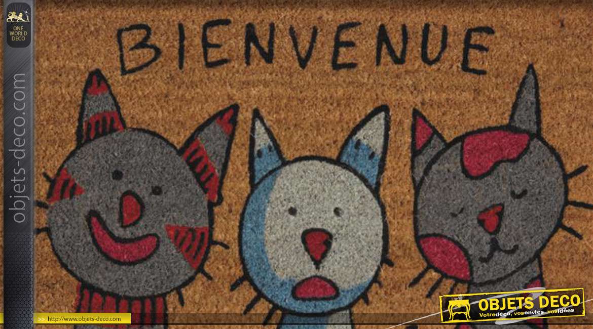 Paillasson en coco avec motifs de chats imprimés et inscription Bienvenue, envers latexé 40x60cm