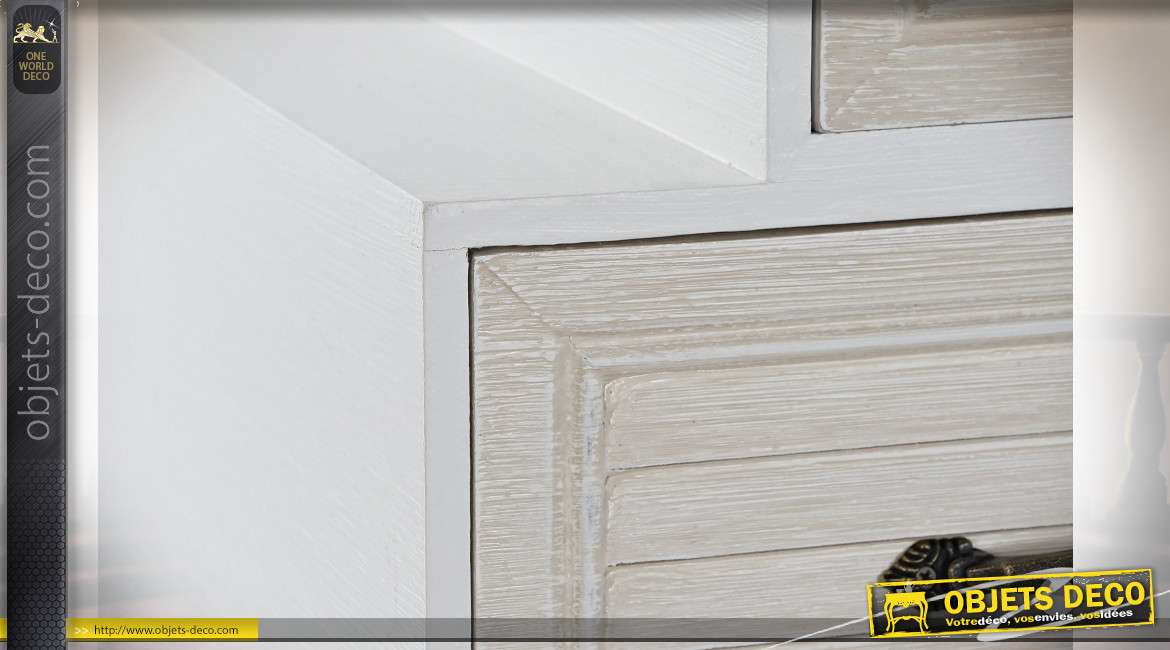 Commode à six tiroirs en bois finition blanche et beige esprit cottage moderne, 83cm