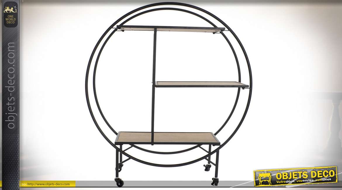 Étagère mobile circulaire en bois et métal finition noire et chêne clair sur roulettes de style industriel, 102cm