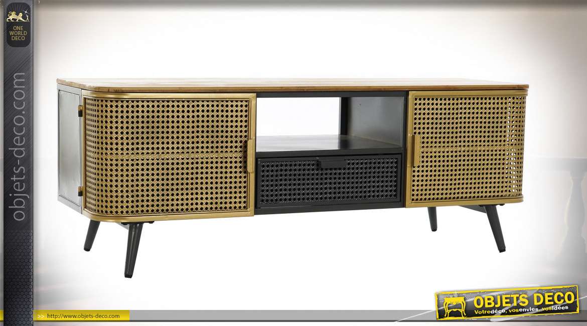 Meuble TV en bois et métal finition tricolore de style éclectique, 118cm