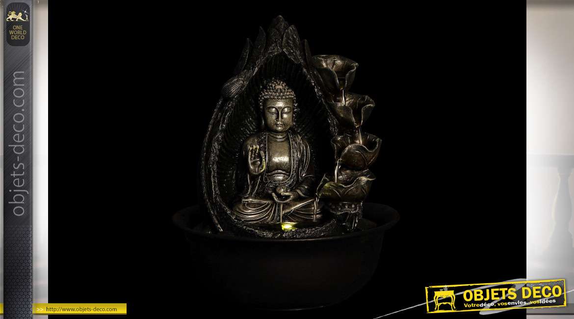 Série de deux fontaines à cascade esprit zen, Bouddha en résine et LED style indien, 31cm