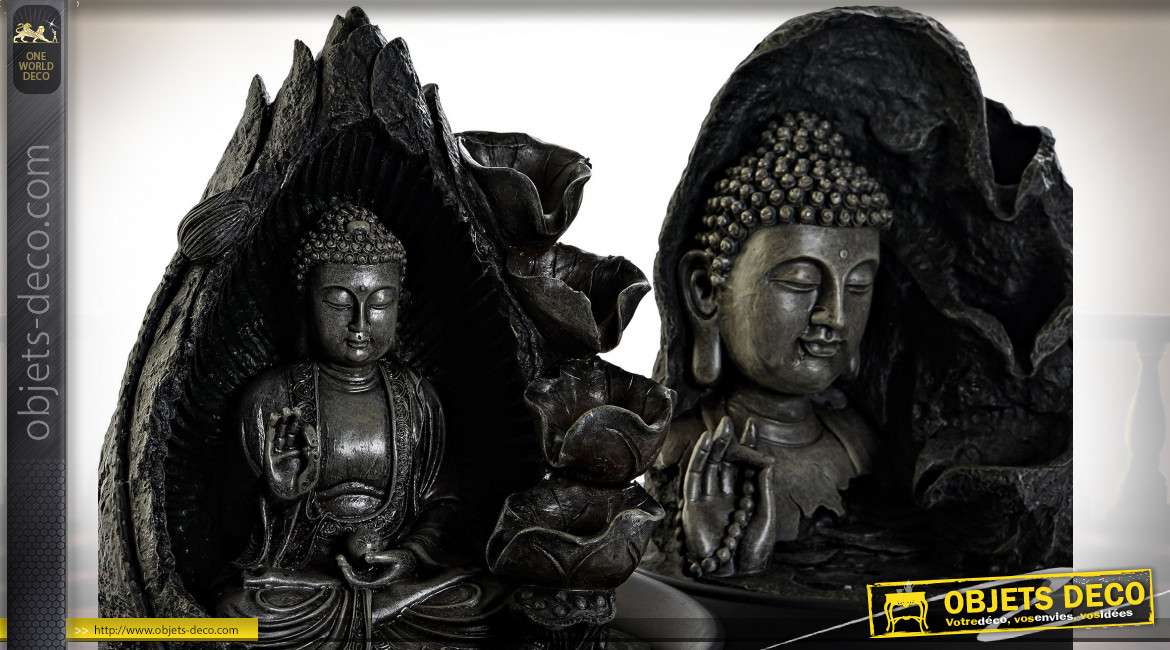 Série de deux fontaines à cascade esprit zen, Bouddha en résine et LED style indien, 31cm
