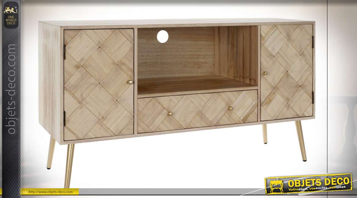 Meuble TV épuré en pin et paulownia finition brun clair, portes en damiers de bois style moderne, 118cm
