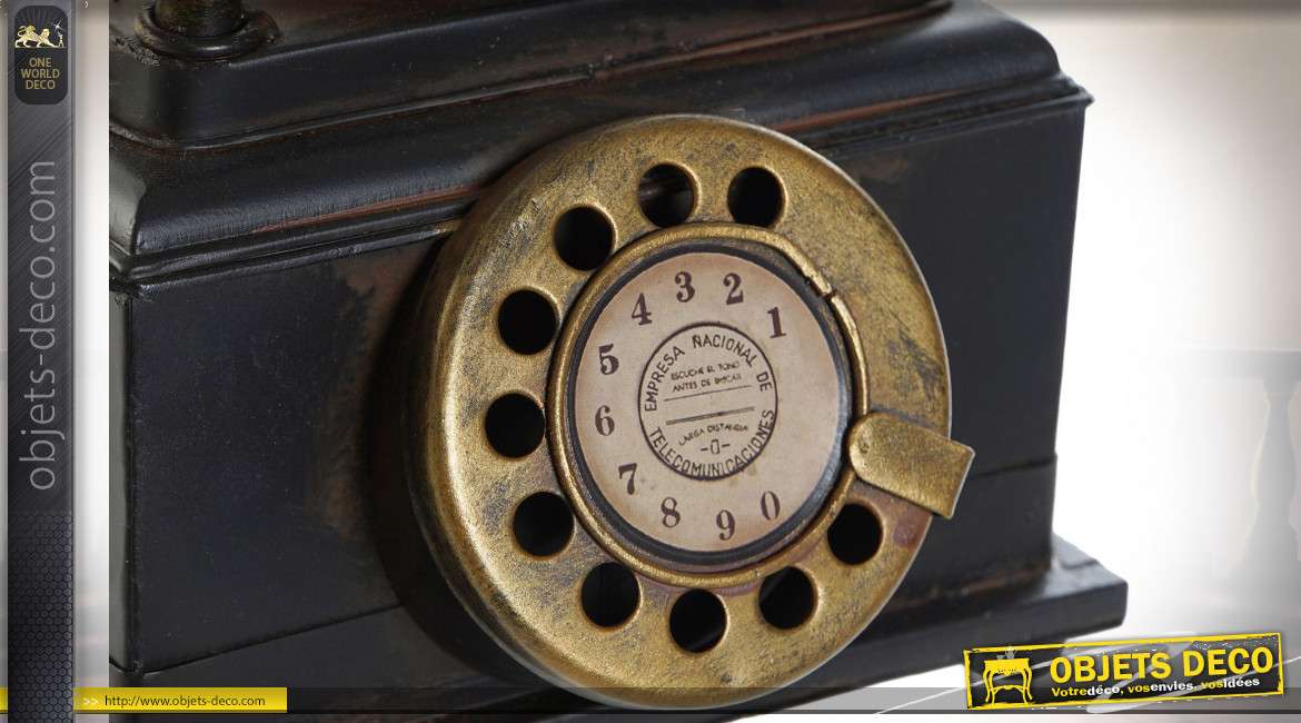 Décoration à poser de vieux téléphone à cadran en métal noir et doré style vintage, 20cm