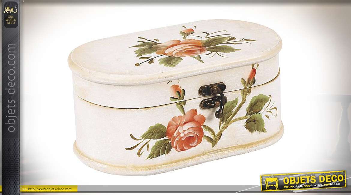 Coffret en bois pour maquillage ou bijoux, finition beige ancien et motif de fleur vintage, 22cm