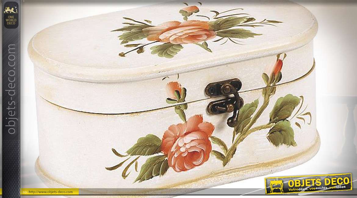 Coffret en bois pour maquillage ou bijoux, finition beige ancien et motif de fleur vintage, 22cm