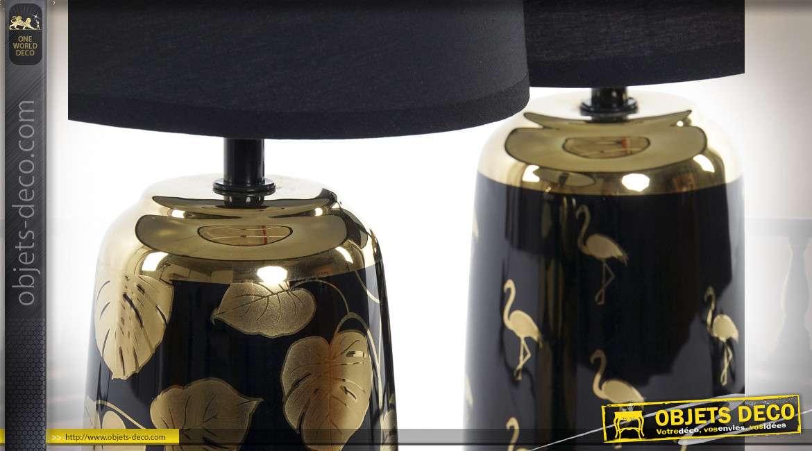 Série de deux lampes de chevet noires, motifs de flamants roses et feuilles tropicales dorées style contemporain, 30cm