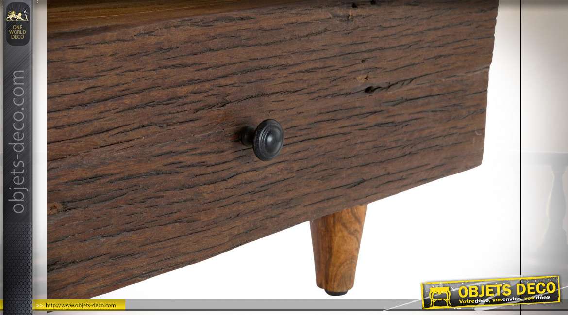 Meuble TV en bois d'acacia finition brou de noix et brun style chalet, 140cm