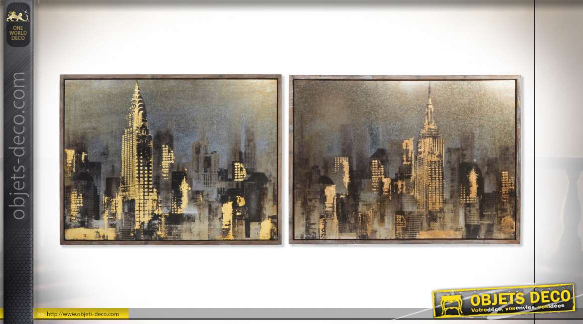 Série de deux tableaux style urbain New-Yorkais représentant l'Empire state et Chrysler buildings, 120cm