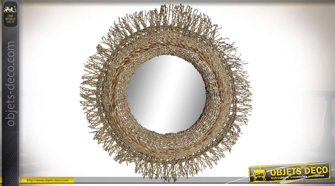 Miroir circulaire style exotique, encadrement en jonc de mer tressé finition naturelle, 80cm