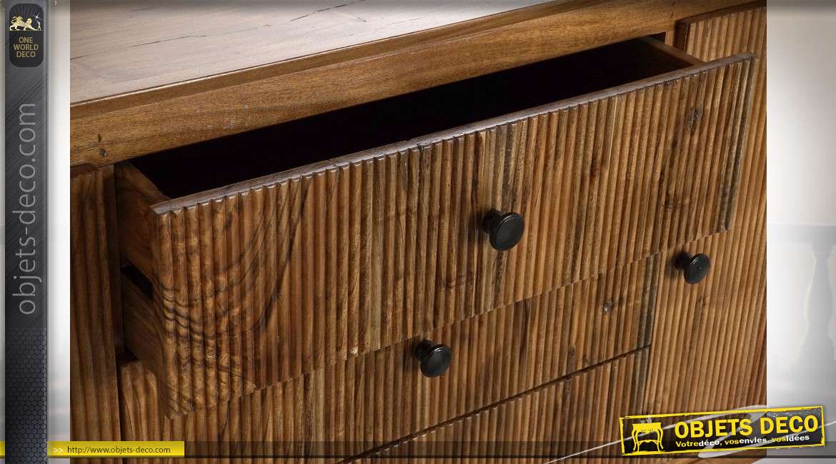 Buffet de style rétro, façades de portes en bois d'acacia ondulé finition brun clair, 178cm
