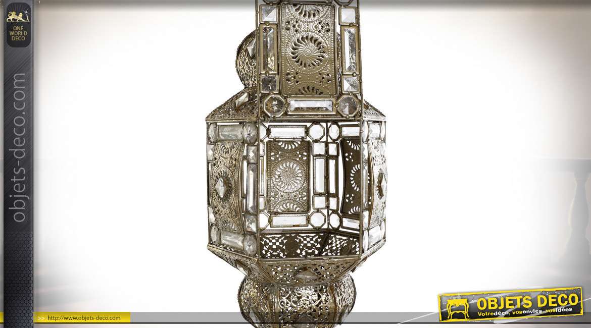 Suspension luminaire esprit lanterne oriental avec pendeloques en acrylique, métal finition laiton, 110cm