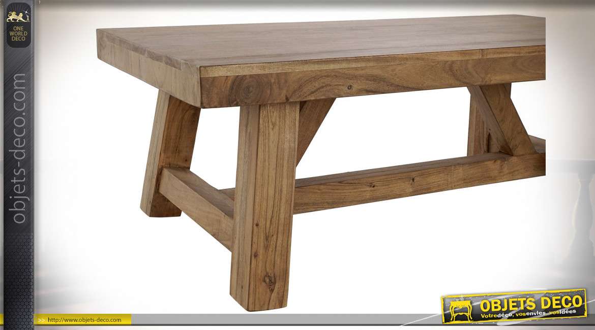 Table basse en bois d'acacia finition chêne clair style chalet, 110cm