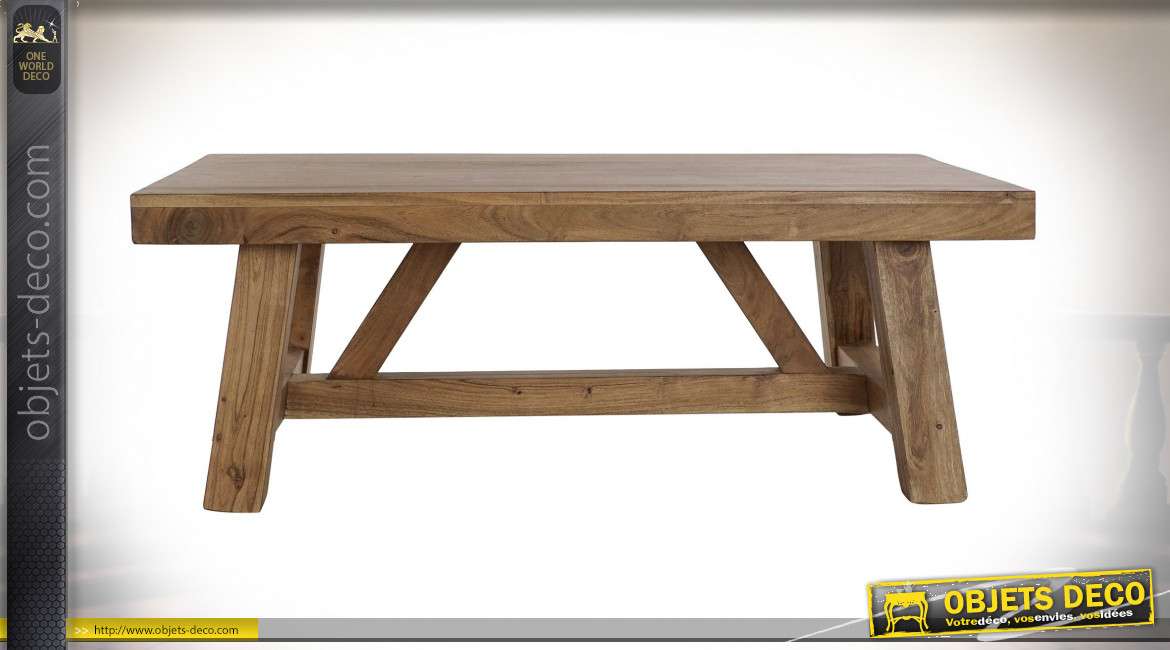 Table basse en bois d'acacia finition chêne clair style chalet, 110cm