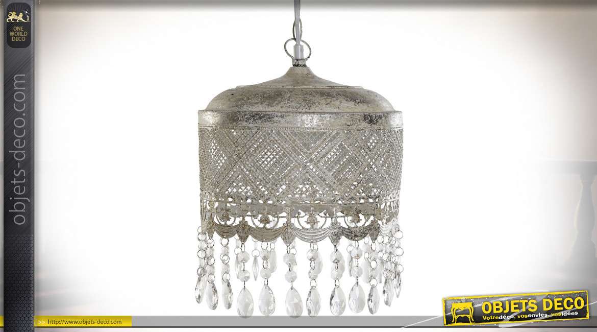 Suspension luminaire à pampilles en métal percé de motifs géométriques, finition argentée vieillie style Boho, 80cm