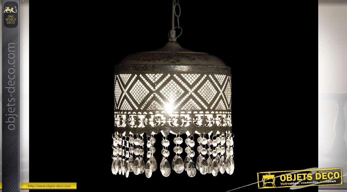 Suspension luminaire à pampilles en métal percé de motifs géométriques, finition argentée vieillie style Boho, 80cm