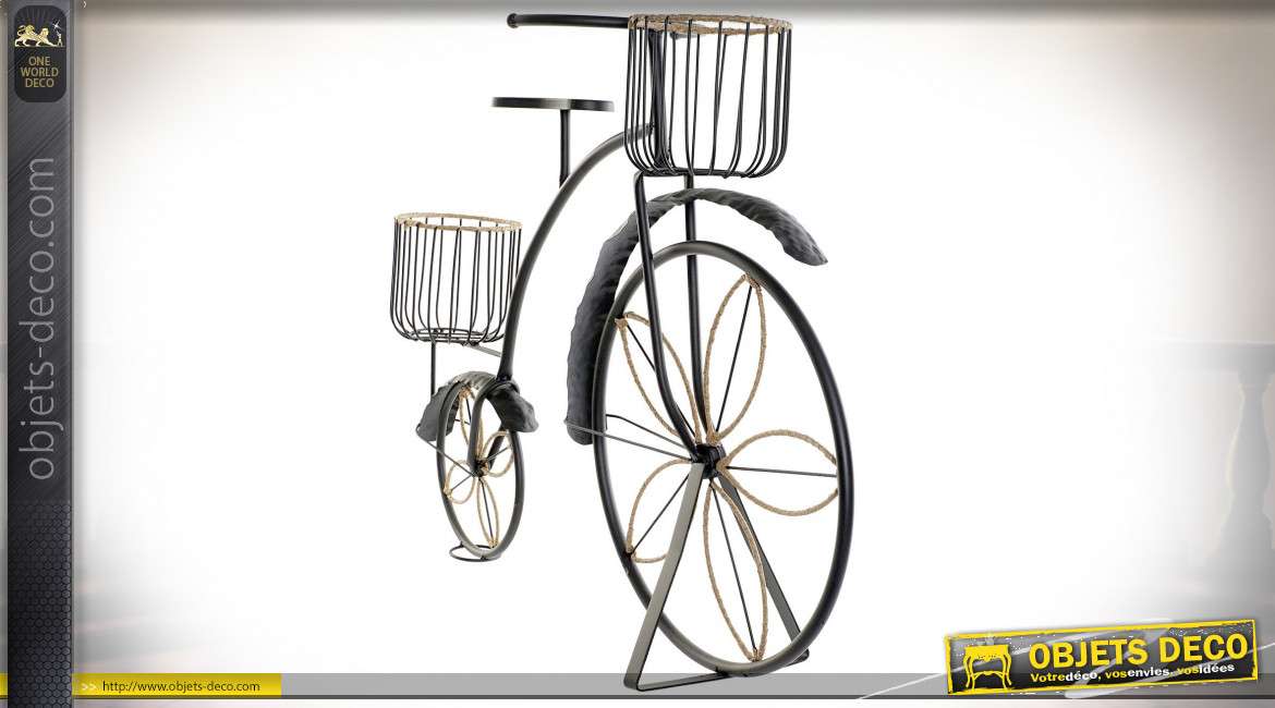 Support pots de fleurs en forme de vélo Grand-Bi Peugeot, métal et rotin finition naturelle et noire style rétro, 74cm