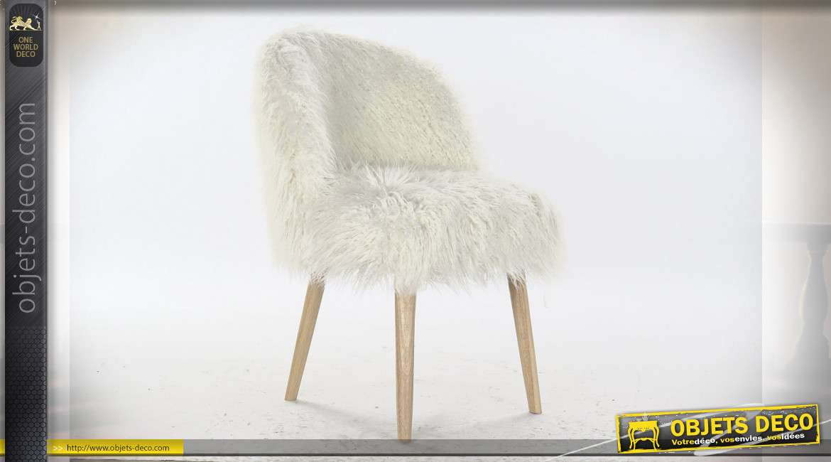 Chaise en bois et fausse fourrure blanche style cosy, 83cm