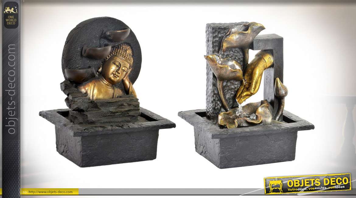 Série de deux fontaines Bouddha zen à cascades noire et dorée, 27cm