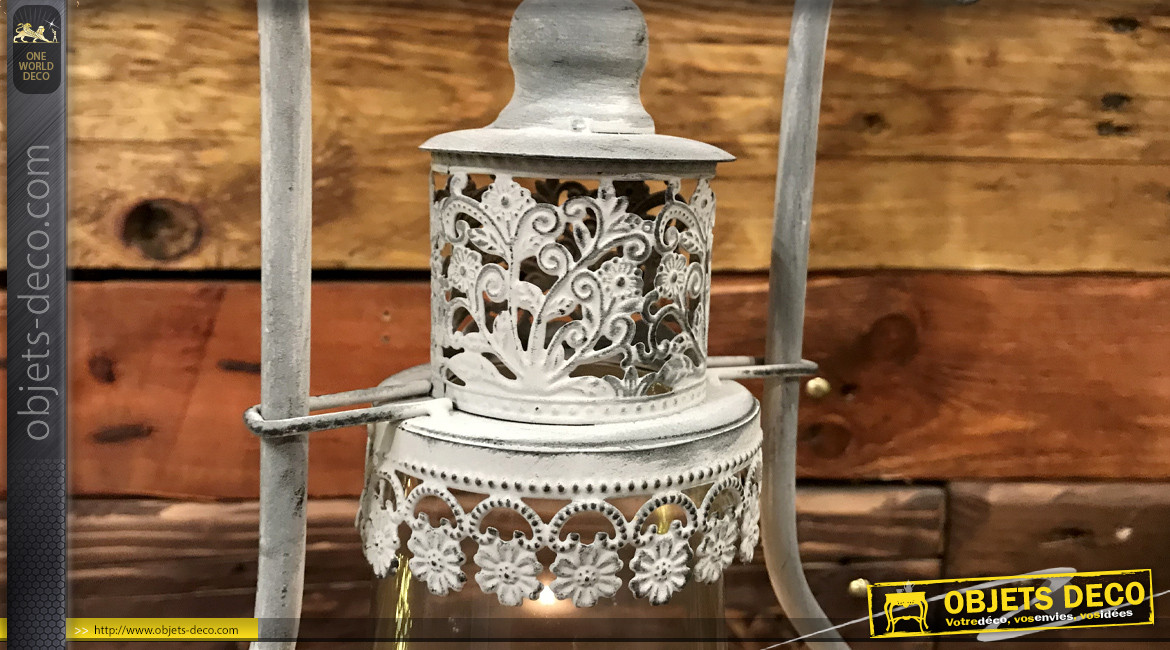 Lanterne esprit vieille lampe à pétrole en métal gris vieilli style rétro, 43cm