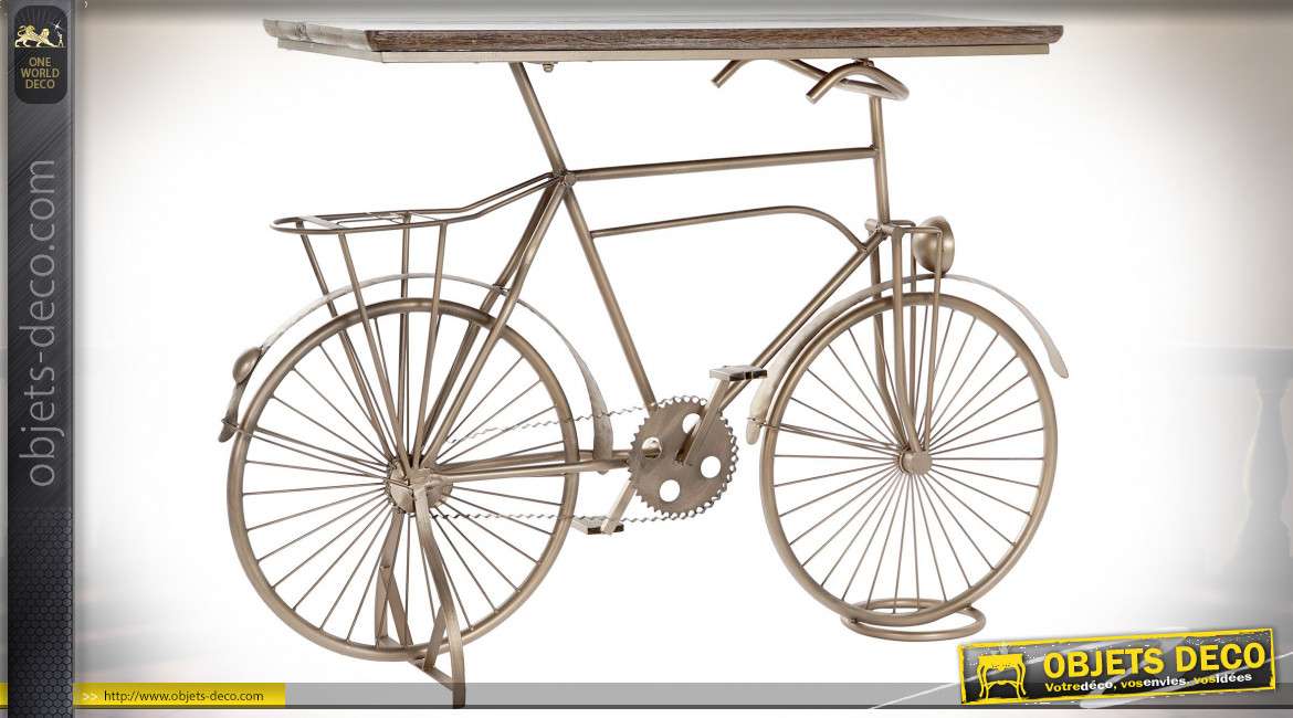 Console en forme de vieux vélo finition cuivrée brossée style rétro, 115cm