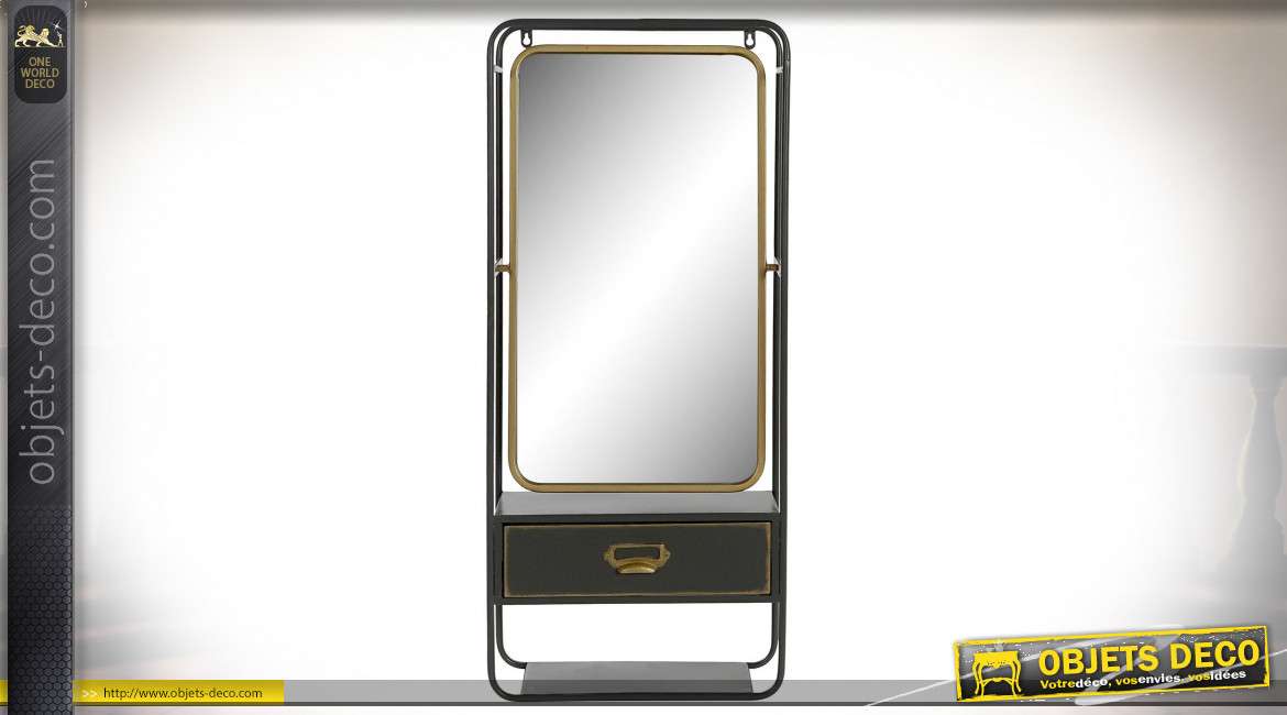 Miroir mural psyché, tiroir et tablette de rangement en métal finition noire et dorée style industriel, 90cm