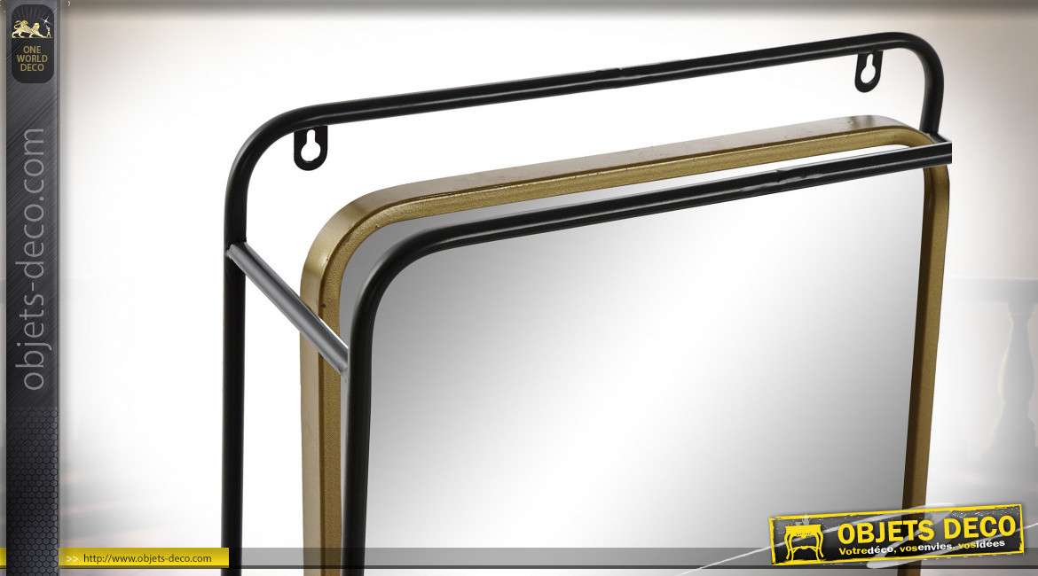 Miroir mural psyché, tiroir et tablette de rangement en métal finition noire et dorée style industriel, 90cm