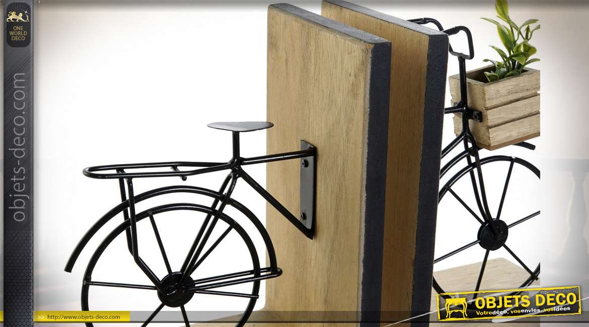 Serre-livres vieux vélo noir en bois et métal esprit rétro, 28cm