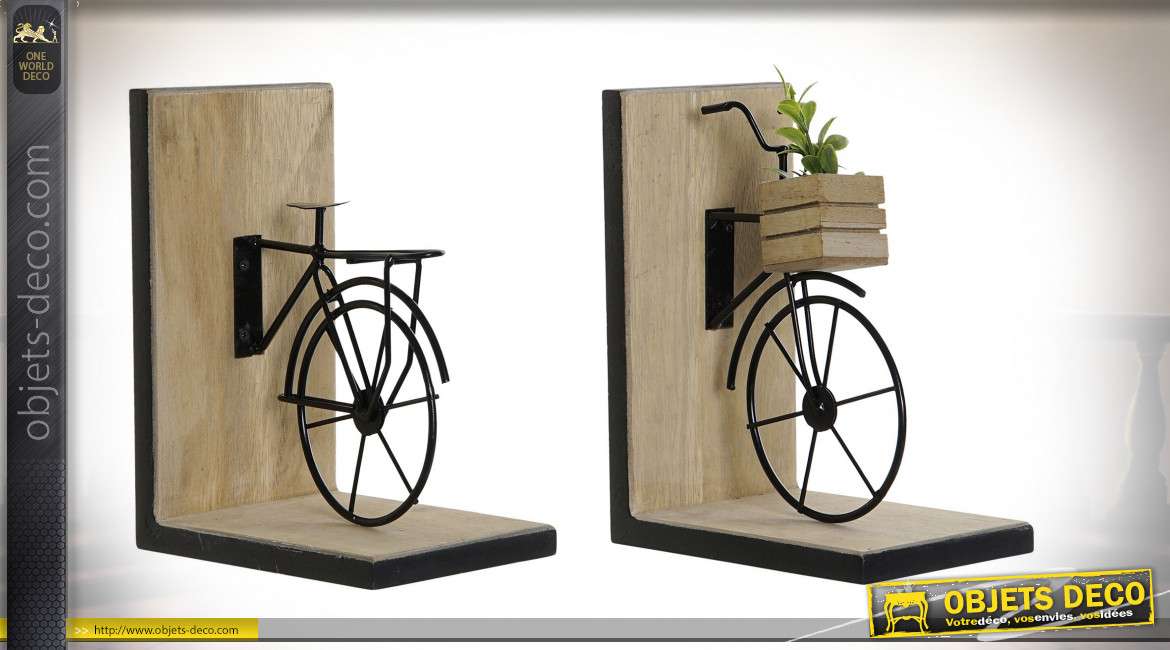 Serre-livres vieux vélo noir en bois et métal esprit rétro, 28cm