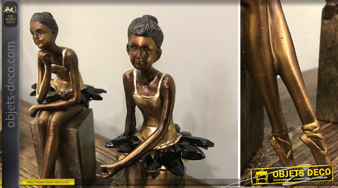Statuettes de danseuses en résine, finition effet métal sculpté doré vieux bronze, 20cm