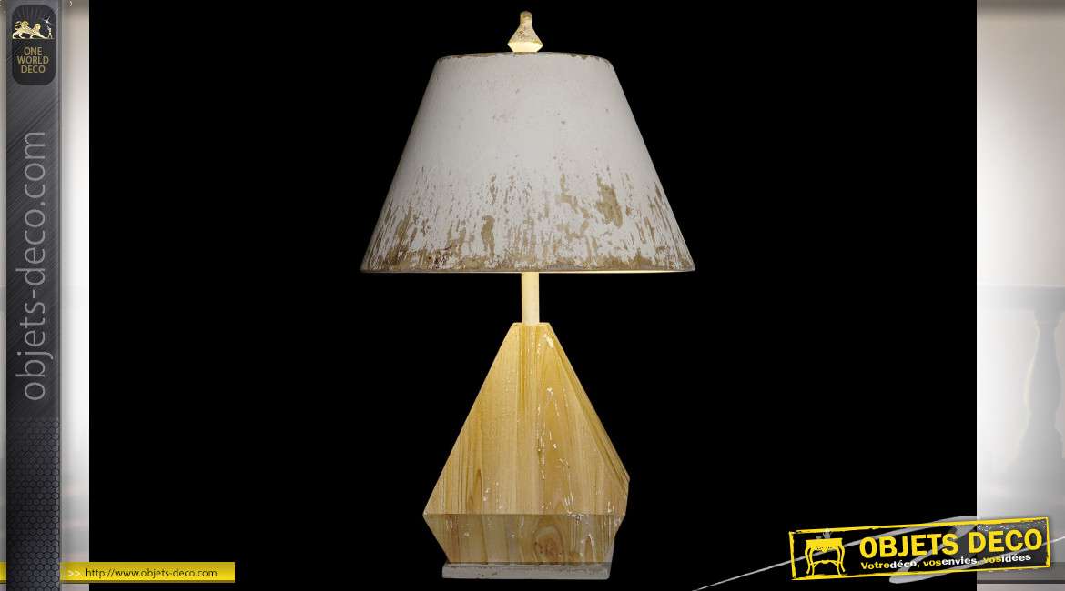Lampe de table en bois et fer patine blanche craquelée style brocante, 64cm